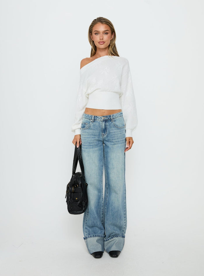 Discover the Lalola Asymmetrical Knit Jumper White womens jumpers in short length front view of model wearing Princess Polly