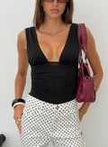 front view of model wearing Princess Polly Lamira Plunge Bodysuit Black Sleeveless Bodysuit
