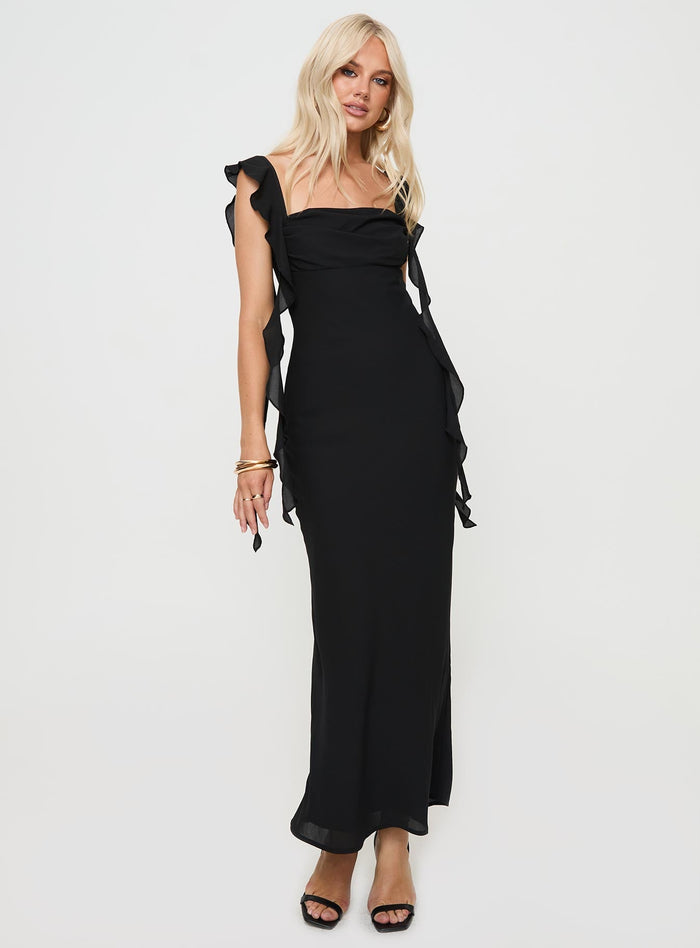 side view of model wearing Princess Polly Lanai Maxi Dress Black Square Neck