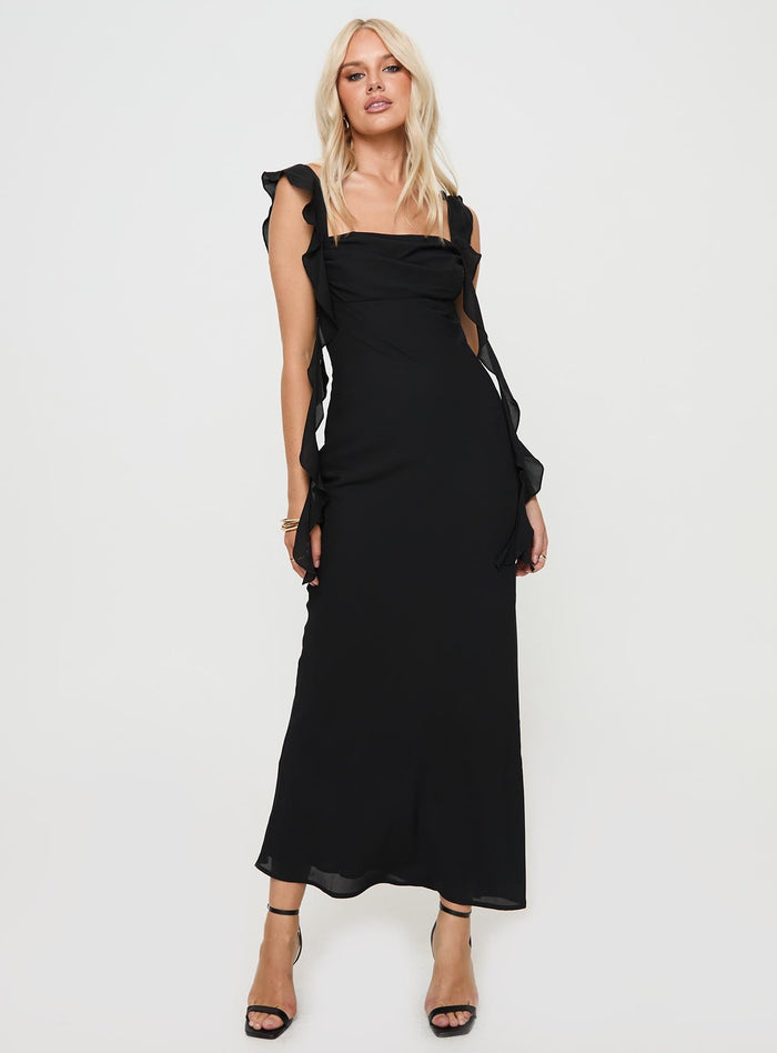front view of model wearing Princess Polly Lanai Maxi Dress Black Square Neck