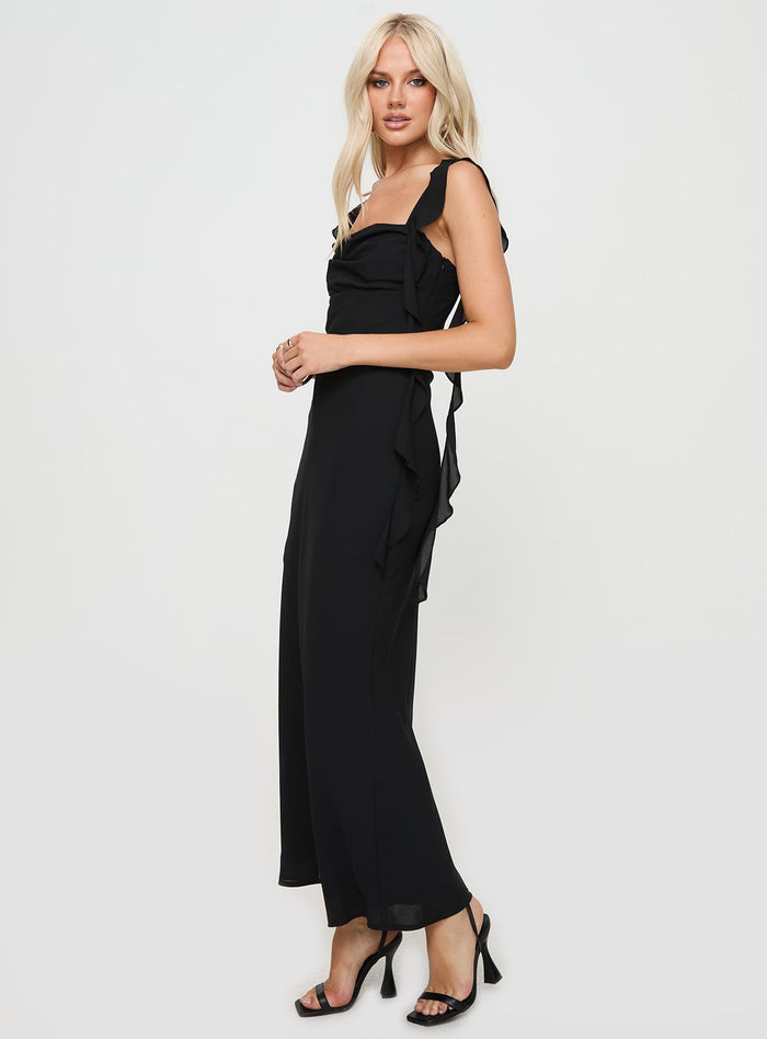 side view of model wearing Princess Polly Lanai Maxi Dress Black Square Neck