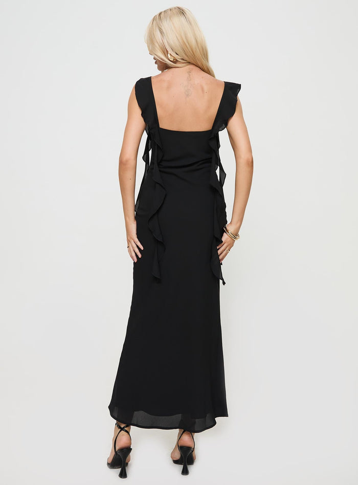 back view of model wearing Princess Polly Lanai Maxi Dress Black Square Neck