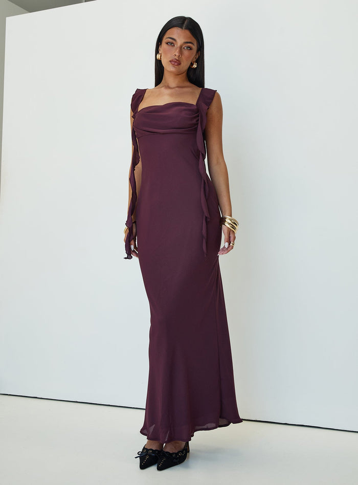 back view of model wearing Princess Polly Lanai Maxi Dress Plum Cowl Neck