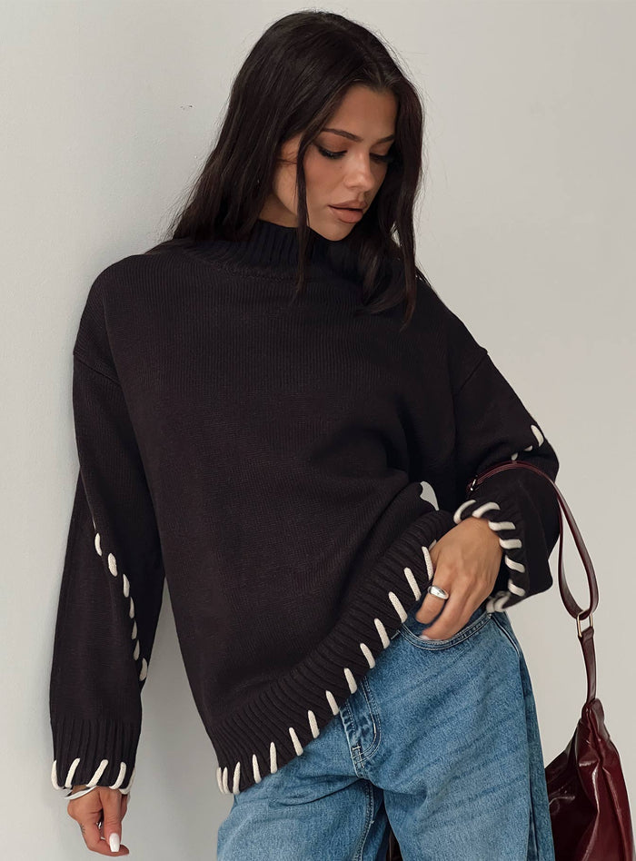 front view of model wearing Princess Polly Leizure Turtleneck Knit Sweater Brown Long