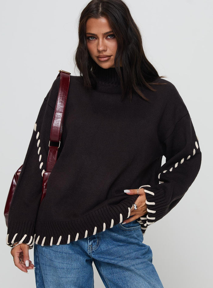 front view of model wearing Princess Polly Leizure Turtleneck Knit Sweater Brown Long
