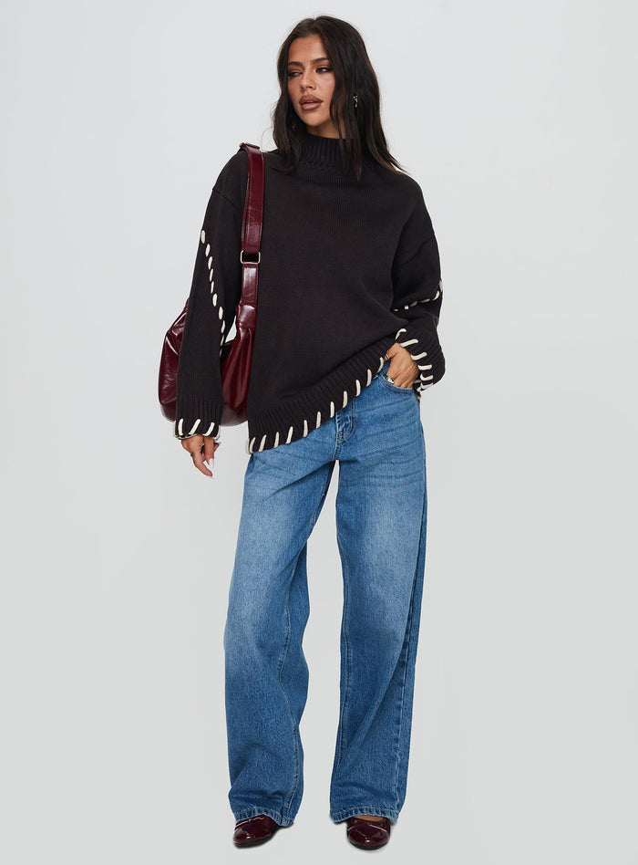 front view of model wearing Princess Polly Leizure Turtleneck Knit Sweater Brown Long