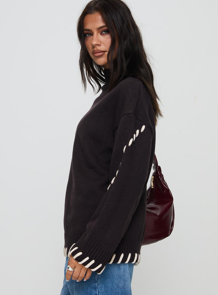side view of model wearing Princess Polly Leizure Turtleneck Knit Sweater Brown Long