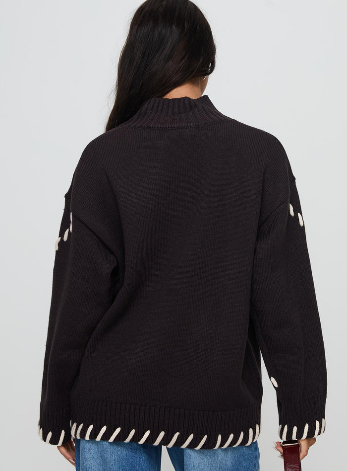 back view of model wearing Princess Polly Leizure Turtleneck Knit Sweater Brown Long