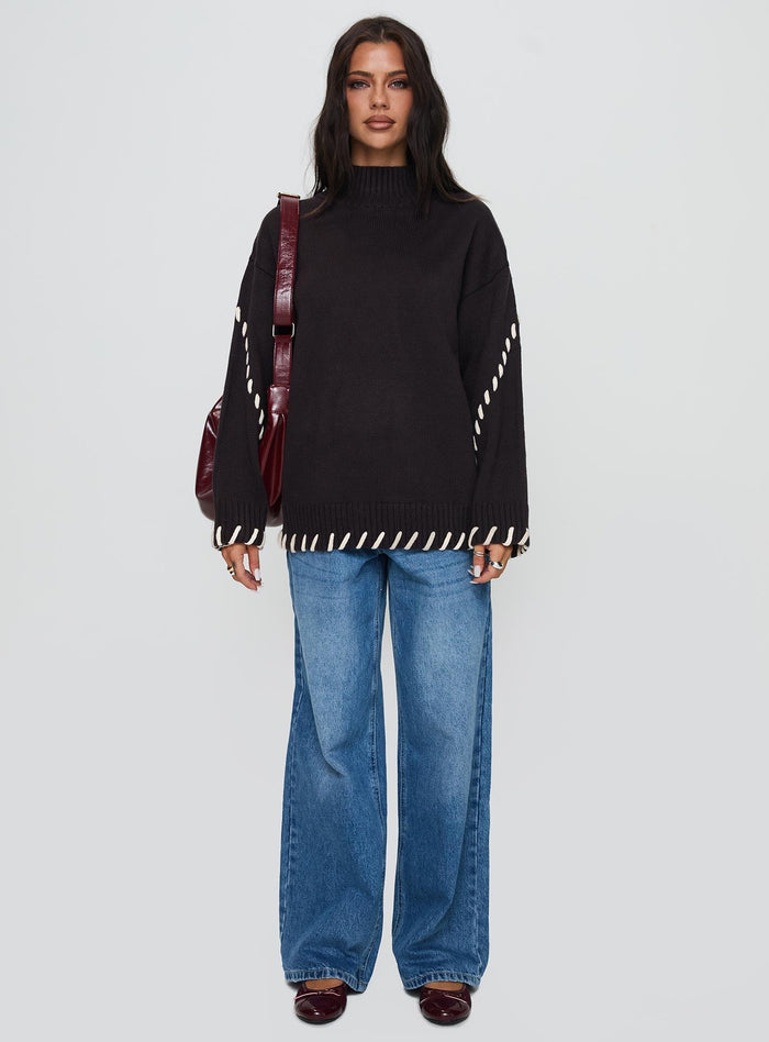 side view of model wearing Princess Polly Leizure Turtleneck Knit Sweater Brown Long