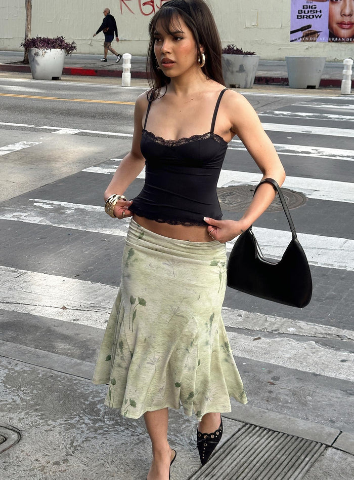 front view of model wearing Princess Polly Lewish Low Rise Midi Skirt Green Floral Midi Skirts