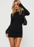 front view of model wearing Princess Polly Lex Long Sleeve Mini Dress Black Crew Neck