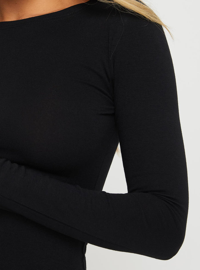 back view of model wearing Princess Polly Lex Long Sleeve Mini Dress Black Crew Neck