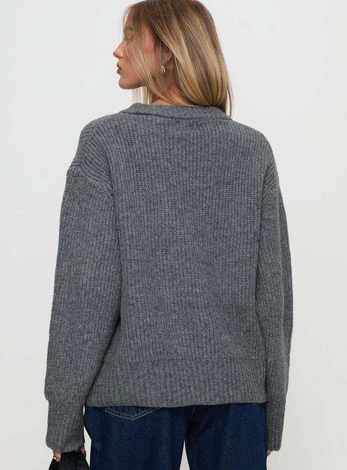 back view of model wearing Princess Polly Lexene Zip Through Jumper Grey Long