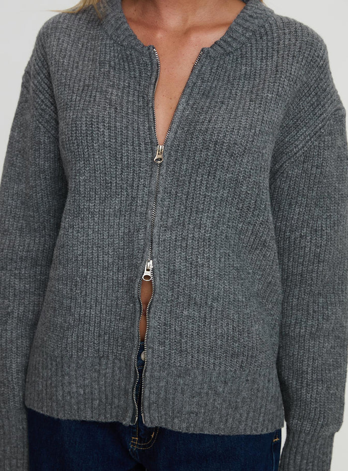 back view of model wearing Princess Polly Lexene Zip Through Jumper Grey Long