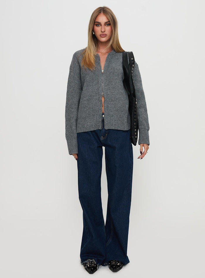 side view of model wearing Princess Polly Lexene Zip Through Jumper Grey Long
