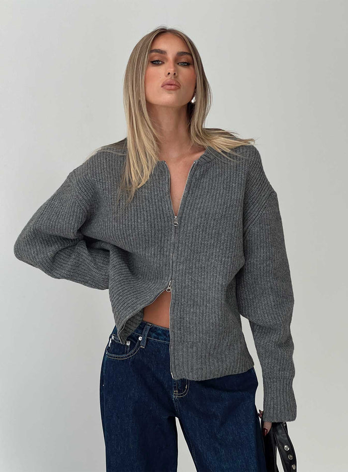 front view of model wearing Princess Polly Lexene Zip Through Jumper Grey Long