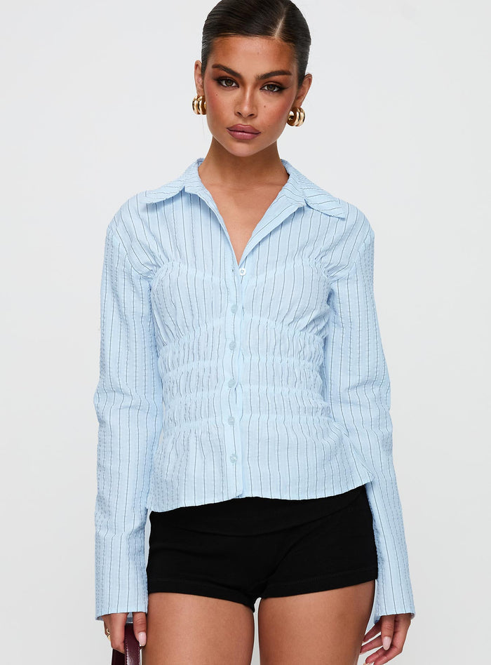 front view of model wearing Princess Polly Liesel Shirred Long Sleeve Top Stripe Full Sleeves V-Neck