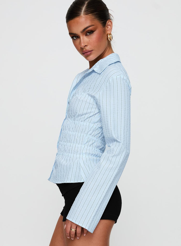 side view of model wearing Princess Polly Liesel Shirred Long Sleeve Top Stripe Full Sleeves V-Neck