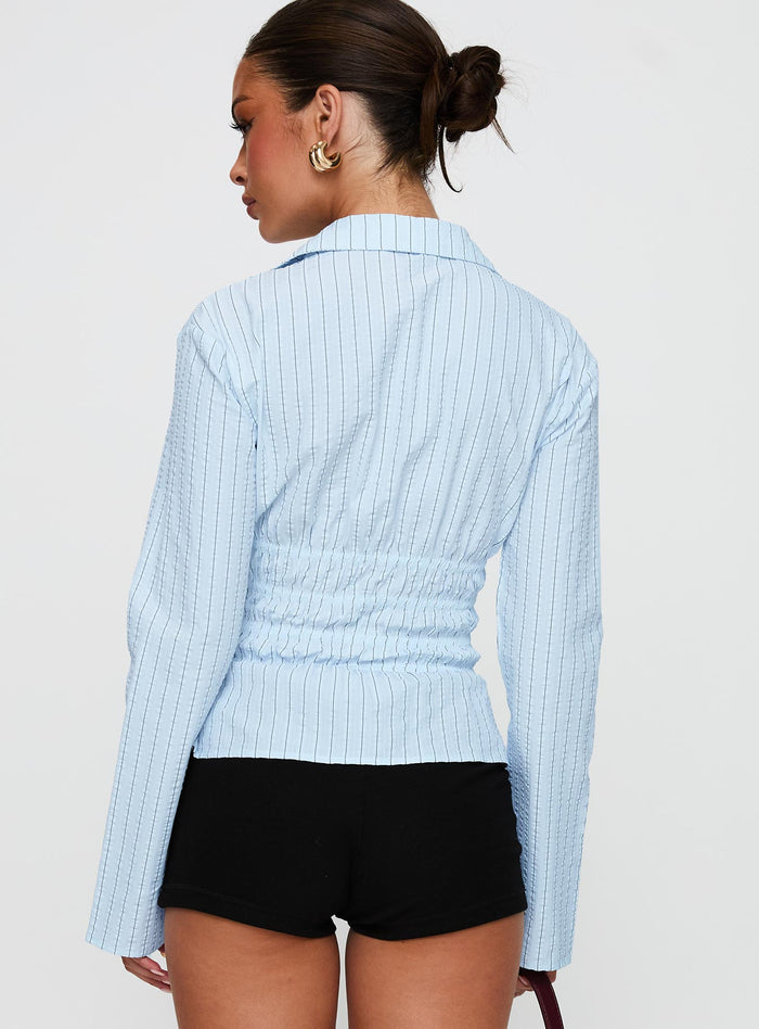 back view of model wearing Princess Polly Liesel Shirred Long Sleeve Top Stripe Full Sleeves V-Neck