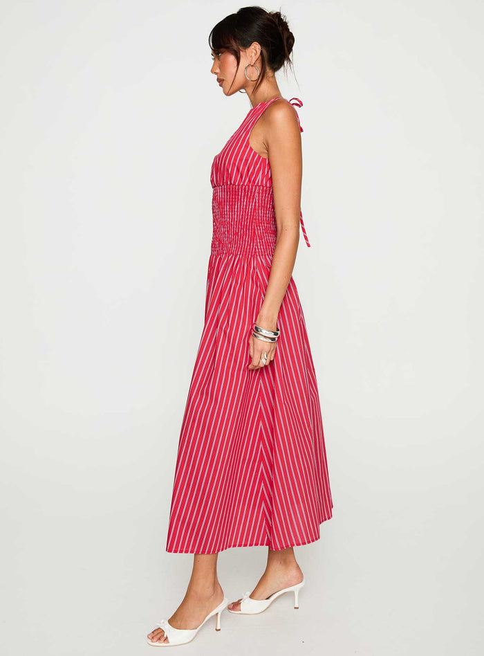 side view of model wearing Princess Polly Lilienne Cotton Poplin Maxi Dress Red Stripe Crew Neck