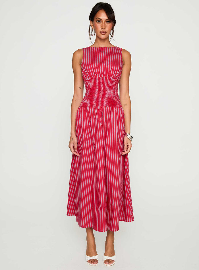 front view of model wearing Princess Polly Lilienne Cotton Poplin Maxi Dress Red Stripe Crew Neck