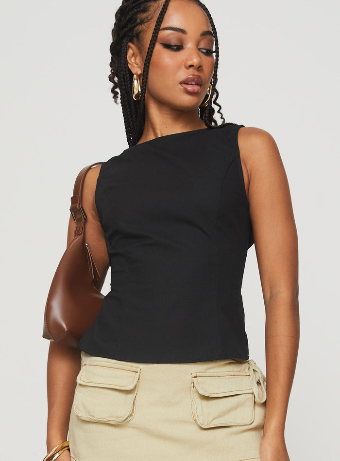front view of model wearing Princess Polly Lilitina Top Black Sleeveless High Neck