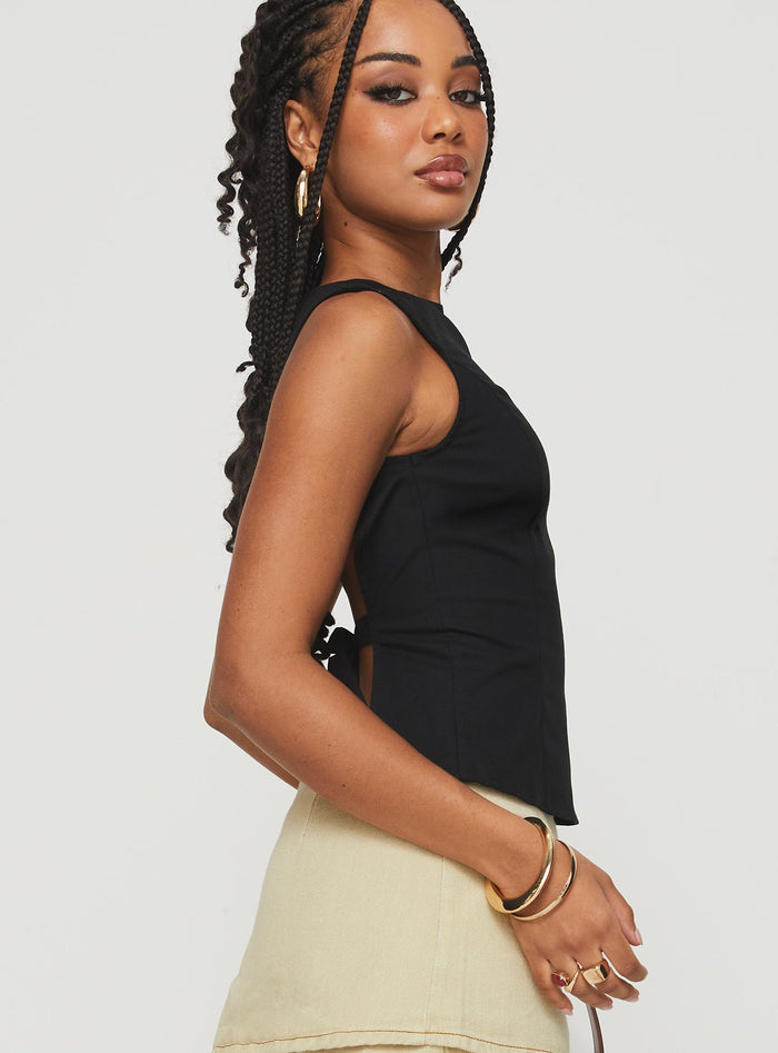 side view of model wearing Princess Polly Lilitina Top Black Sleeveless High Neck