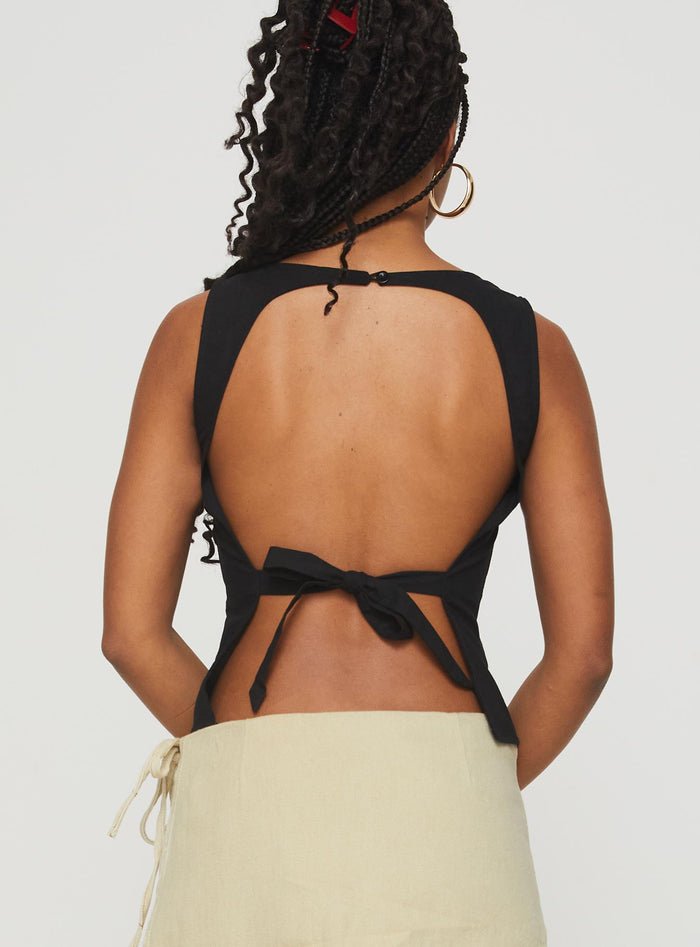 back view of model wearing Princess Polly Lilitina Top Black Sleeveless High Neck