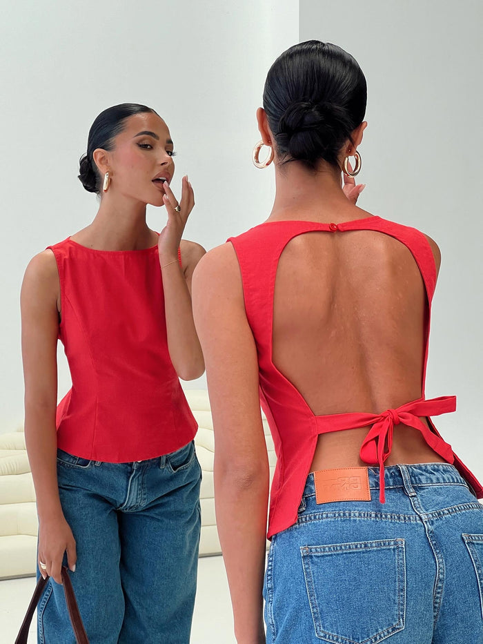 back view of model wearing Princess Polly Lilitina Top Red Sleeveless High Neck
