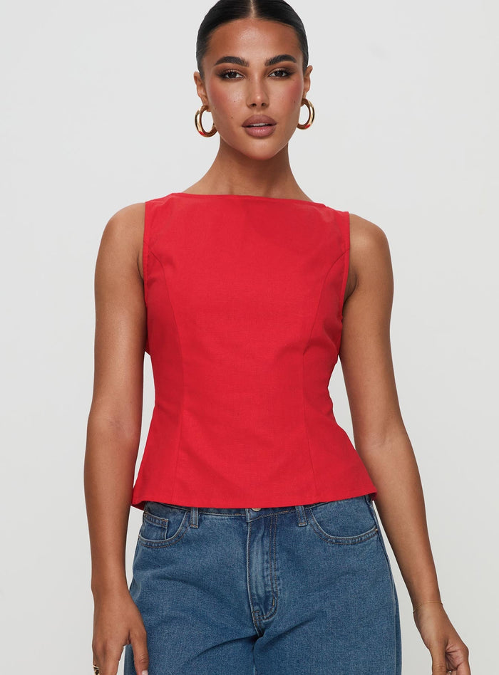 front view of model wearing Princess Polly Lilitina Top Red Sleeveless High Neck