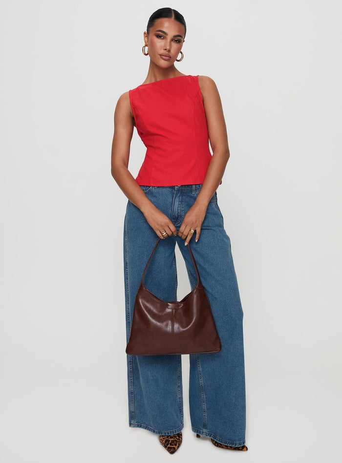 front view of model wearing Princess Polly Lilitina Top Red Sleeveless High Neck