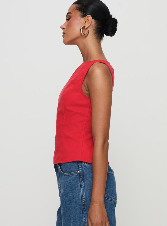 side view of model wearing Princess Polly Lilitina Top Red Sleeveless High Neck
