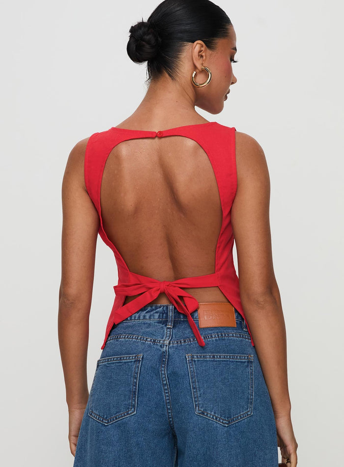 back view of model wearing Princess Polly Lilitina Top Red Sleeveless High Neck