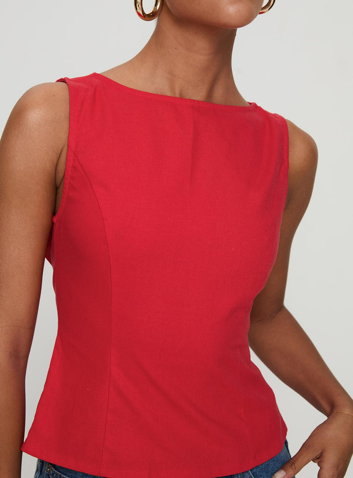 front view of model wearing Princess Polly Lilitina Top Red Sleeveless High Neck