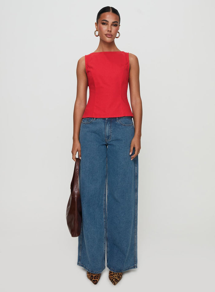 front view of model wearing Princess Polly Lilitina Top Red Sleeveless High Neck