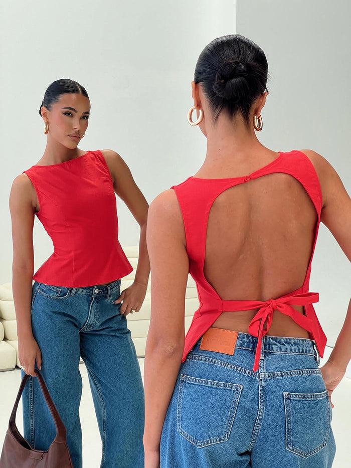 side view of model wearing Princess Polly Lilitina Top Red Sleeveless High Neck