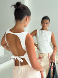 back view of model wearing Princess Polly Lilitina Top White Sleeveless High Neck