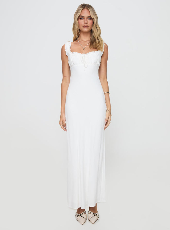 front view of model wearing Princess Polly Lillette Maxi Dress White Sweetheart Neckline