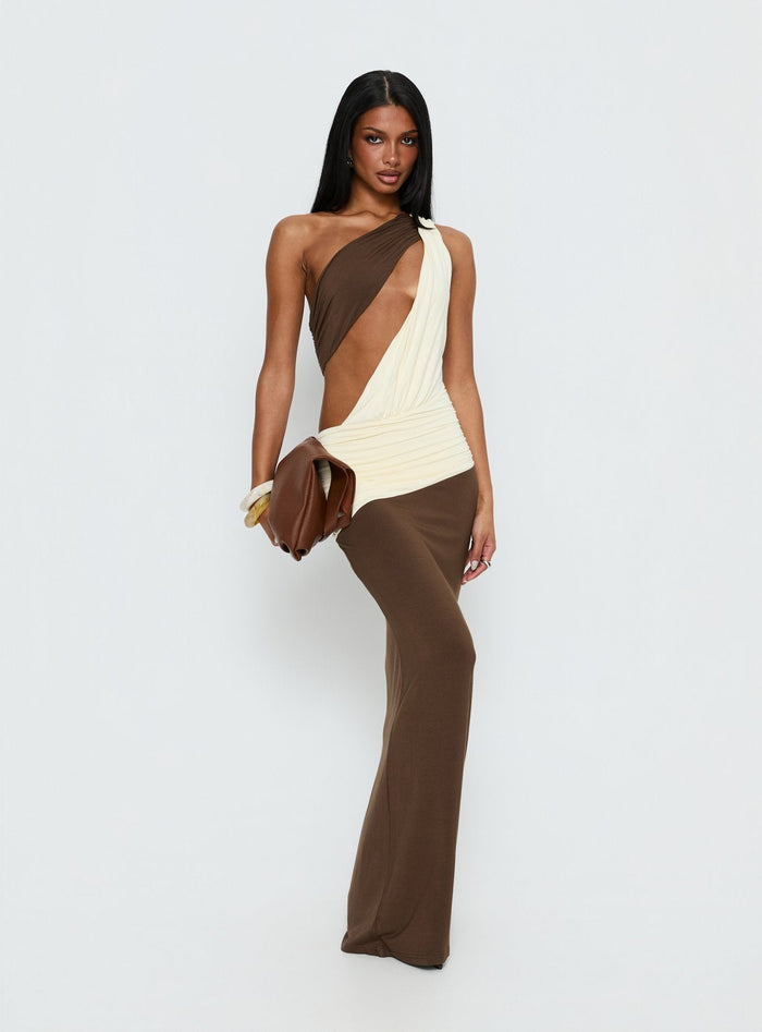 Loletta Draped One Shoulder Maxi Dress Chocolate / Yellow