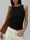 side view of model wearing Princess Polly Lose Your Number High Neck Top Black Sleeveless Crew Neck