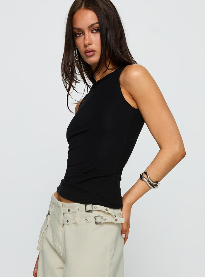 side view of model wearing Princess Polly Lose Your Number High Neck Top Black Sleeveless Crew Neck