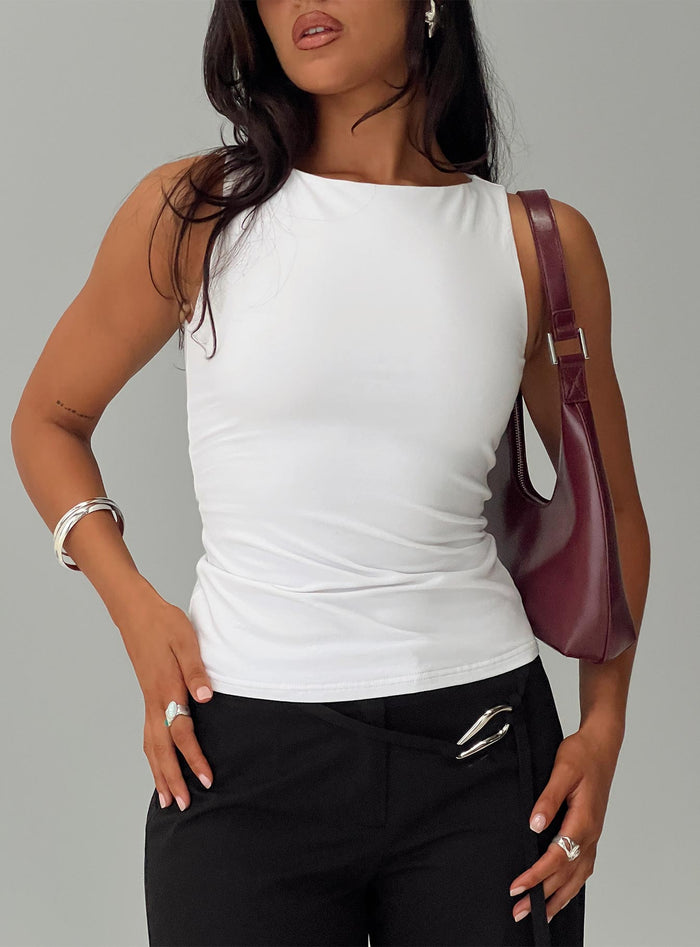 front view of model wearing Princess Polly Lose Your Number High Neck Top White Sleeveless Crew Neck
