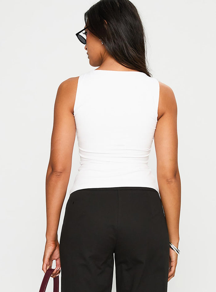 back view of model wearing Princess Polly Lose Your Number High Neck Top White Sleeveless Crew Neck