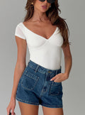 front view of model wearing Princess Polly Loveydove Short Sleeve Bodysuit White Short Sleeve