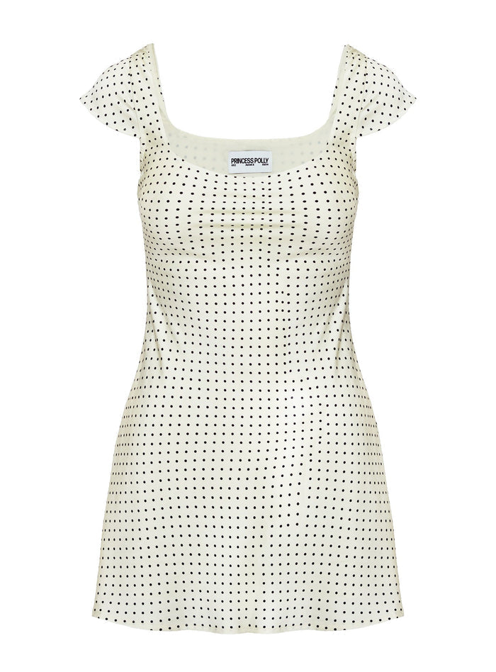 back view of model wearing Princess Polly Lucienna Polka Dot Mini Dress White / Black Scoop Neck