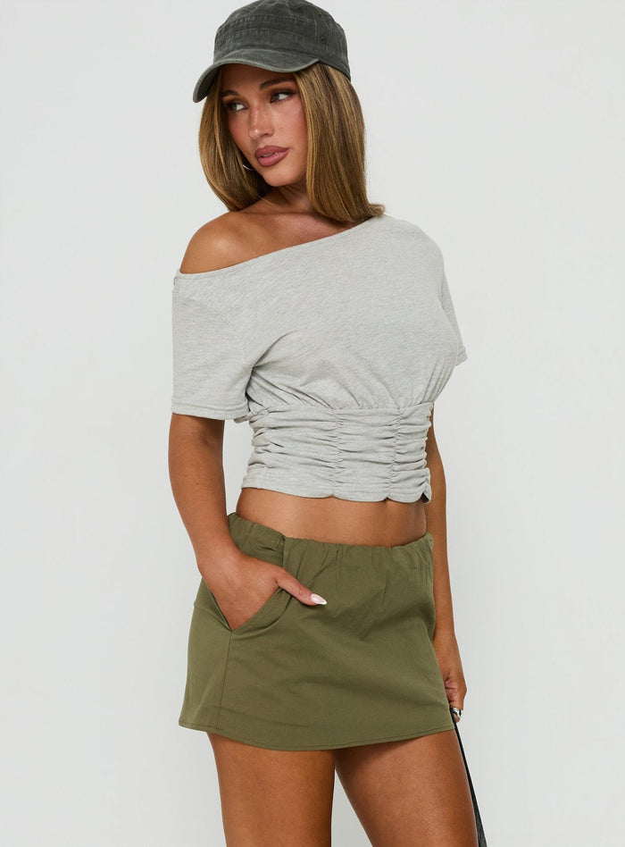 Designed with the Lunea Concealed Waistband Mini Skirt Olive Green fitted womens-skirts back view of model wearing Princess Polly