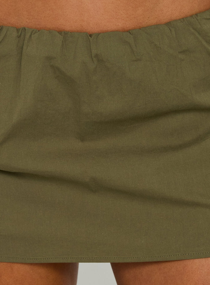 Featuring the Lunea Concealed Waistband Mini Skirt Olive Green womens-skirts in fitted style, full-length view of model wearing Princess Polly