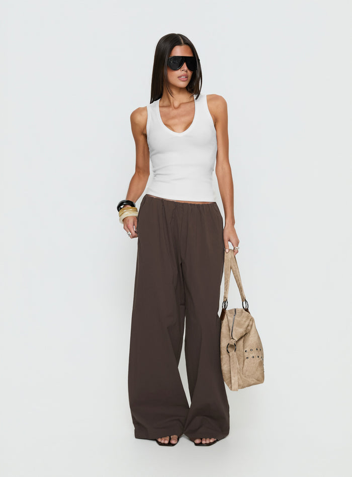 front view of model wearing Princess Polly Lunea Concealed Waistband Pants Brown Low Rise Pants