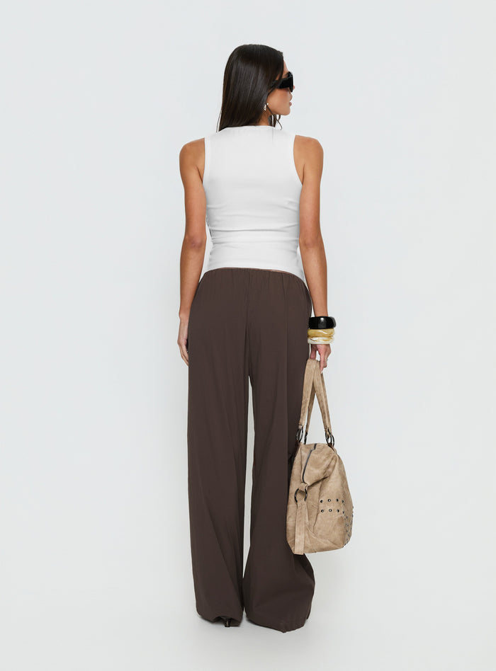 back view of model wearing Princess Polly Lunea Concealed Waistband Pants Brown Low Rise Pants