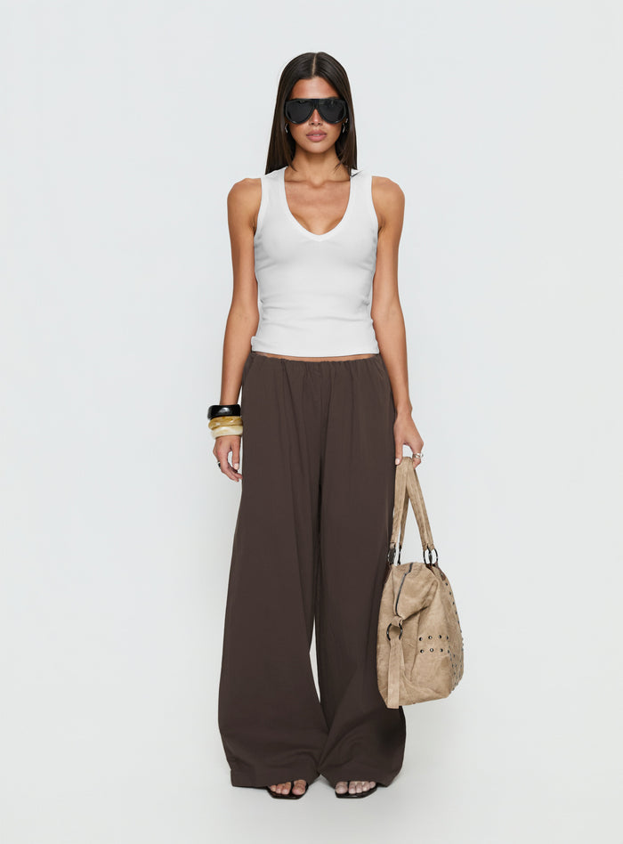 front view of model wearing Princess Polly Lunea Concealed Waistband Pants Brown Low Rise Pants